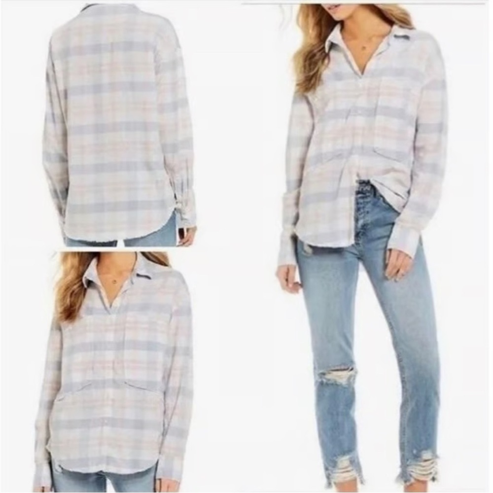 FREE PEOPLE Loveland Plain Button Down Shirt Pale Pink Plaid Cotton Large